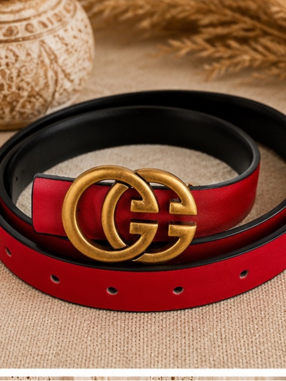 Red Reversible Double G Inspired  Belt Gold Buckle